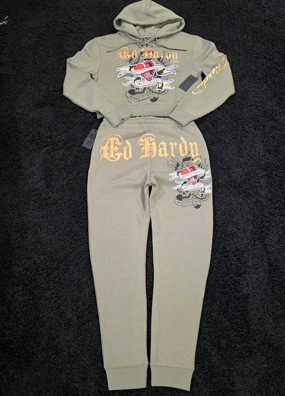 NWT 2PC Ed Hardy Y2K Style Deadstock Grunge Goth Green Tracksuit Set Small